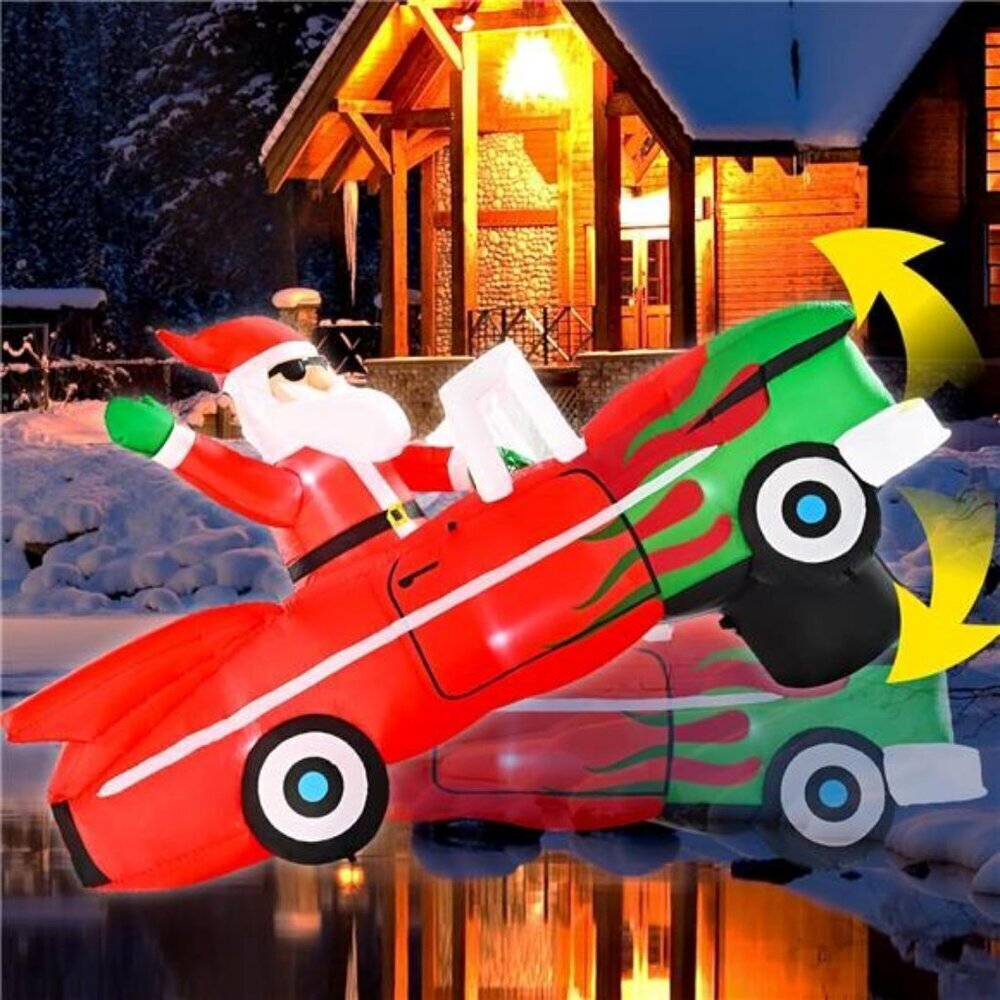 Animated Christmas Inflatables Outdoor Decorations, 8FT Long Santa on a Car